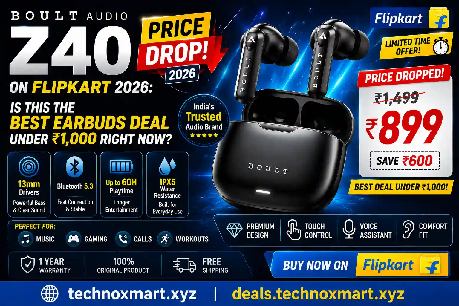 Boult Audio Z40 Price Drop on Flipkart 2026: Best Earbuds Under ₹1000?